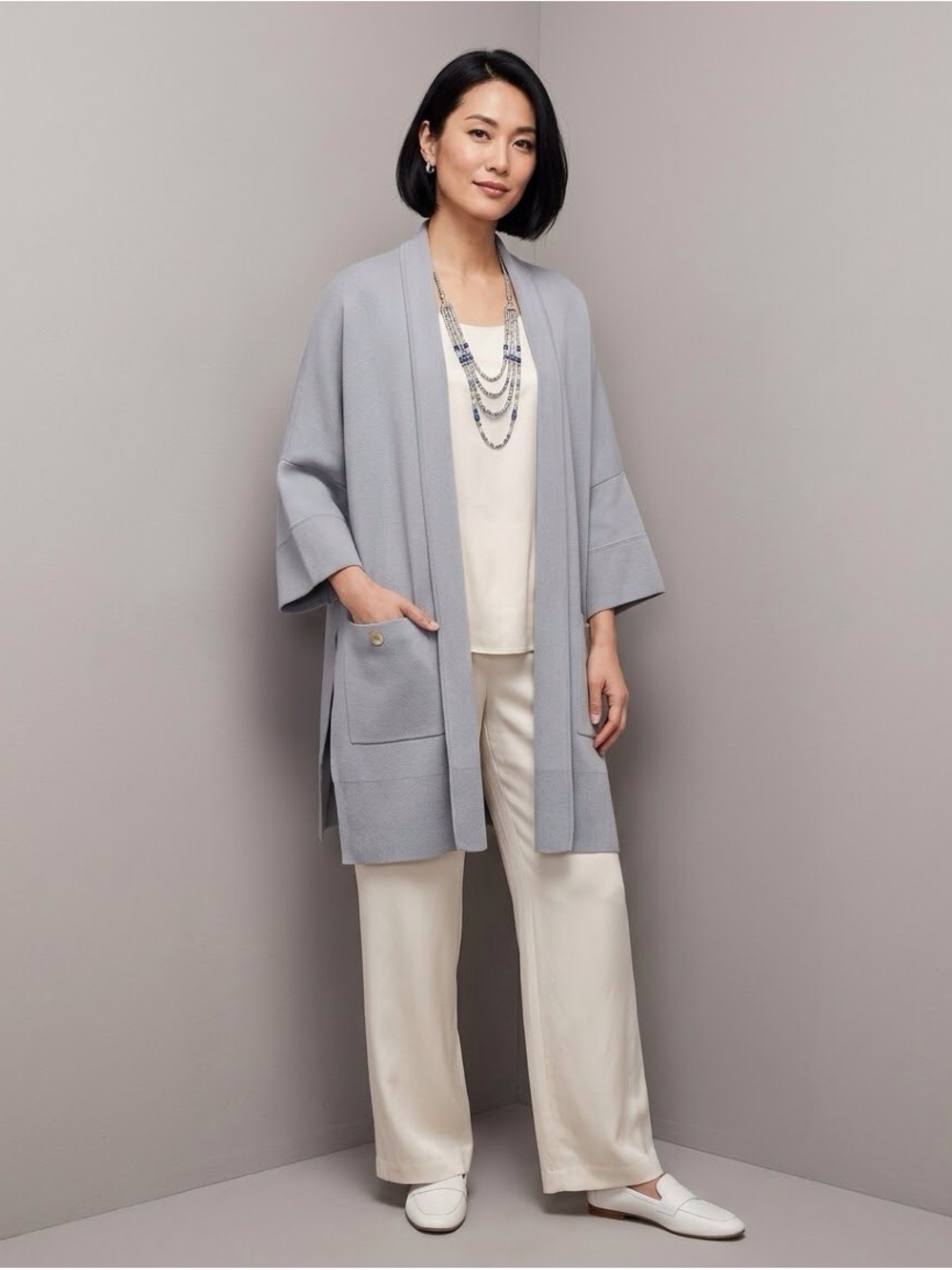 MarlaWynne / Blue Gray Open-Front Long Cardigan - Sz. S